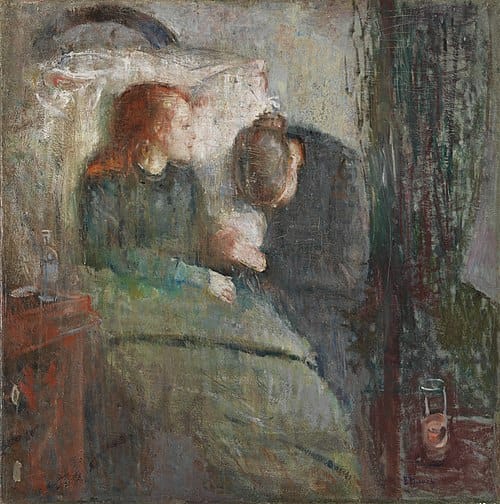 It’s a painting of a red-haired young woman who’s on her deathbed & propped up on a pillow with a woman kneelin next to her with her head down. It’s painted with these big broad vertical brush strokes & has an overall kinda hazy—dare I say EXPRESSIONISTIC??—quality to it.
