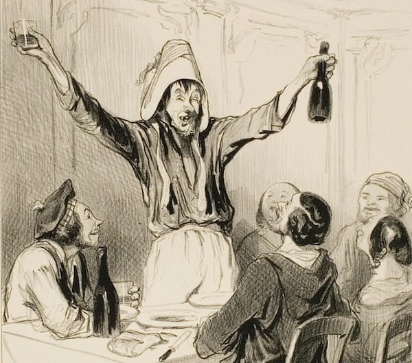 Huzzah! It’s an old timey illustration of some sailor-lookin’ guys hangin ’round a table, & one of them’s standin up with his arms raised high holdin a bottle of some kinda tipple in his left hand & a full glass in his right.